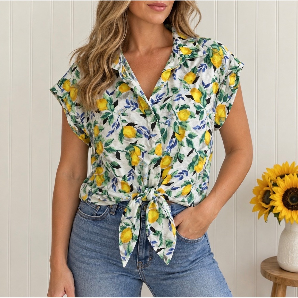 Tamara H. (Top) (M) White Yellow FAIR Lemon Print Tie Front Rayon Shirt